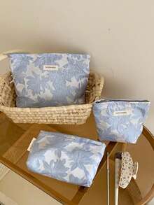 1 PC/Set Blue Floral Jacquard Embroidery Women Girl Makeup Pouch Make Up Bag Portable Large Capacity Cosmetic Bag With Zipper,For Travel And Vacation Essentials,For Sanitary Napkins,Keys,Hair Accessories,Charger,Lipsticks,Cosmetics,Perfume,Makeup Brush Holder Organizer Storage Bag,For Skin Care And Beauty Products,For Women,Students,School Girls,For Birthday Gifts,Friends Gift,Holiday Gift - Màu xanh bụi bặm - Xem 3