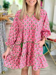 Women Boho Ruffle Sleeve Mini Dress Summer Floral Print Short Sleeve V Neck Cute Babydoll Loose Flowy Dress - Pink - View 2