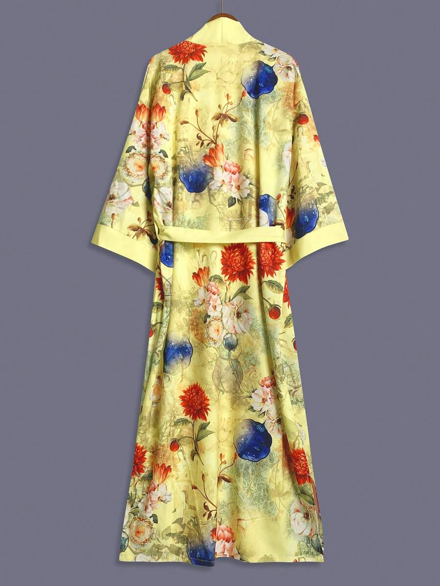 Áo khoác kimono tay dài dáng lửng phong cách Bohemian in hoa, chất liệu nhẹ, thích hợp cho nữ, thanh lịch cho các bữa tiệc, dạo phố, đi biển, du lịch, nghỉ mát, dáng rộng, xẻ tà, áo choàng, váy phù dâu. - Màu vàng - Xem 1