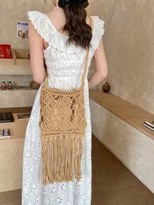 镂空编织长流苏抽绳水桶包，轻便单肩包，波西米亚风度假包，复古手工编织流苏斜挎包，抽绳内袋，休闲通勤旅行包，慵懒沙滩包 - 卡其色 - 查看 4