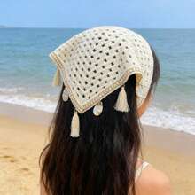 1pc Bohemian Style Korean Hollow Woven Shell Tassel Scarf, Women Summer Decorative Shawl Versatile Wrap, Ladies Beige Ocean Shell Tassel Knitted Hollow Lace Triangular Headband, Suitable For Daily Wear, Sports, Beach, Vacation - Starfish Sequins - View 7