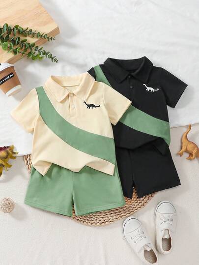 Bộ 4 món mùa hè mới cho bé trai, áo polo cổ bẻ in hình khủng long và quần short.