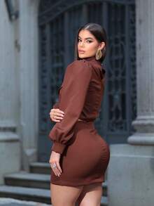 Women's Tailored Set Cropped Long Puff Sleeve And Short Skirt Elegant Party Fashion Autumn Winter - 鏽棕色 - 查看 7