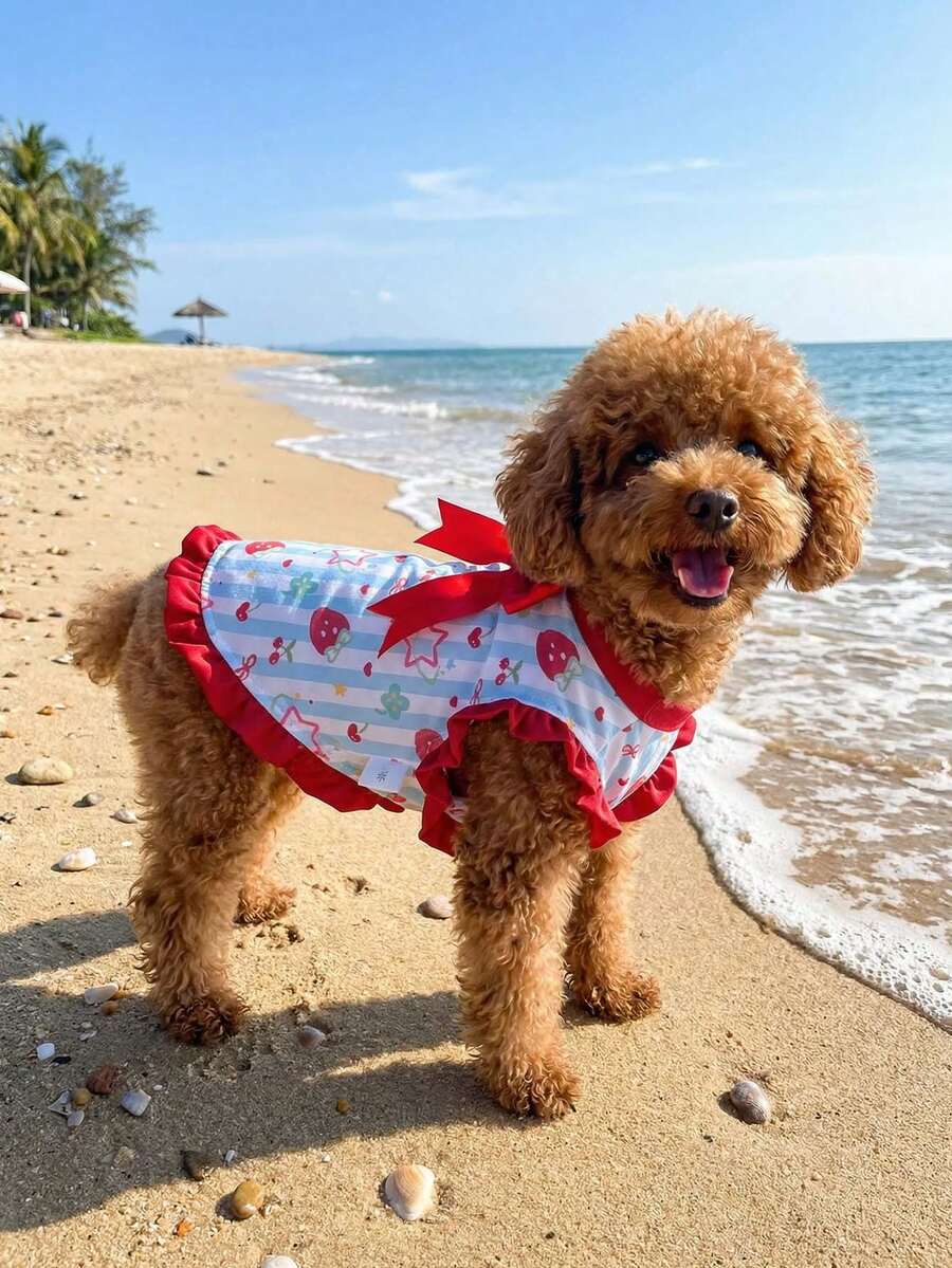 1 pieza Chaleco protector solar para mascotas, chaleco con volantes y lazo rojo para mascotas - Ropa para perros con estampado de fresa lindo, chaleco protector solar para perros con estilo de rayas y transpirable para vacaciones