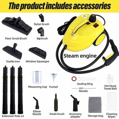 2000W Steam Cleaner, 1.8L Capacity, Multi-Functional Steam Mop, Comes With Various Accessories, Portable Home Steam Cleaner Suitable For Cleaning Floors, Windows, Carpets, Cars. (F-Type Plug Adapter) Power: 2000W, AC 220-240V, (Yellow)