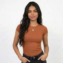 Set Of 3 Basic Ribbed Knit Blouses For Women, Babylook Premium Casual Everyday Wear - 赤陶色 + 黑色 + 米色 - 查看 8