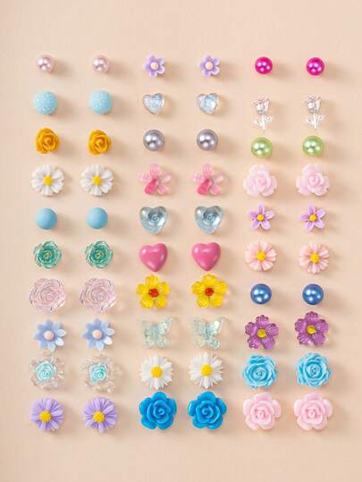 30 Pairs Assorted Cute Minimalist Daisy Flower, Heart, Butterfly Stud Earrings Set, Non-Repetitive Design, Suitable For Daily Wear, Travel, Photography, Holiday Gift For Friends
