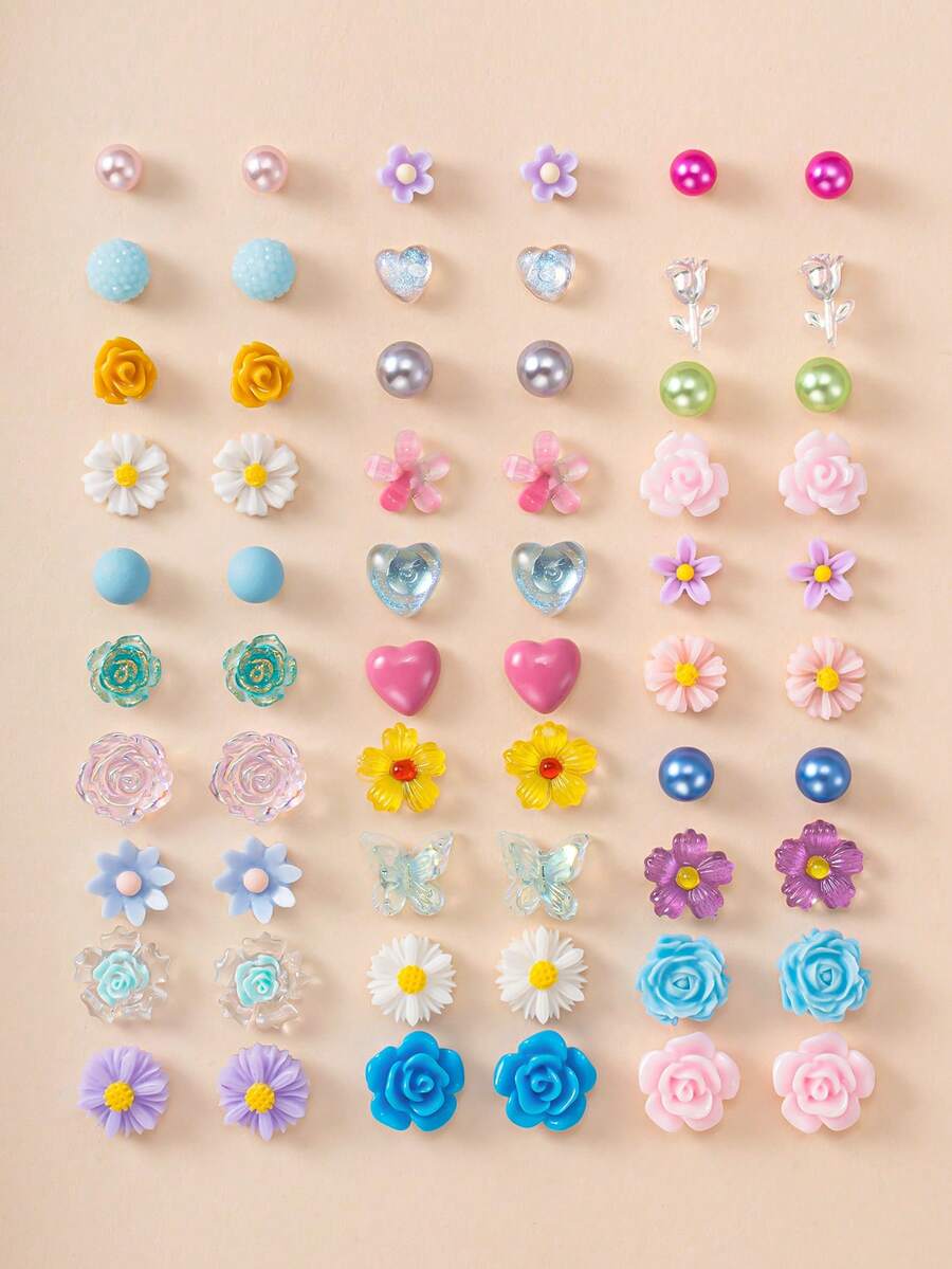30对装可爱简约雏菊、爱心、蝴蝶耳钉套装,款式多样,不重复,适合日常佩戴、旅行、摄影,也是送给朋友的节日礼物。 - 彩色 - 查看 1