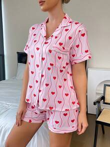 2pcs Pink Heart & Wave Print Women Pajama Set, Short Sleeve Lapel Button Top & Elastic Waist Shorts, Comfortable Knit Casual Loungewear With Pockets, Suitable For All Seasons - Pink - View 5