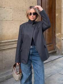 Áo khoác blazer in họa tiết kẻ caro dành cho nữ, cổ đứng, tay dài, một nút, dáng rộng, ngắn, thích hợp mặc đi làm hàng ngày, màu đen. - màu đen - Xem 5