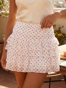 Women's Summer Mini Skirt Casual Stylish Dot Print Layered Ruffled Mid Rise Short Skirt - Pink - View 5