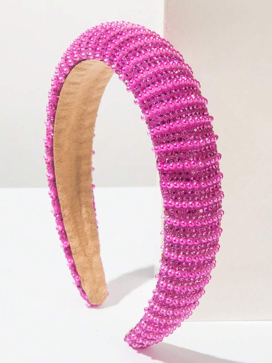 1 pieza Diadema elegante con patrón geométrico de strass y perlas, tocado minimalista de color brillante y elegante, adecuado para niñas en exteriores, viajes, playa, verano, festivales, cumpleaños - Rosa Fucsia - Ver 1