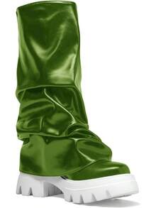 Women's Platform Round Toe Mid Calf Boots With Chunky Heel - M-green - View 4
