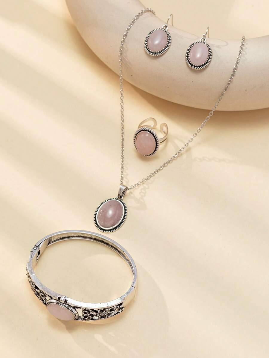 European And American Bohemian 4-Piece Set: Vintage Fashion Personalized Geometric Tiger Eye Stone Zinc Alloy Necklace, Earrings, Ring, Bracelet, Suitable For Autumn/Winter Outfits, Daily Wear, Holidays, Etc. - Baby Pink - View 1