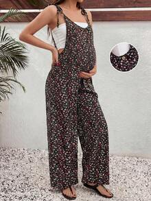 Adjustable Strap Ditsy Floral Maternity Jumpsuit - Black - View 1