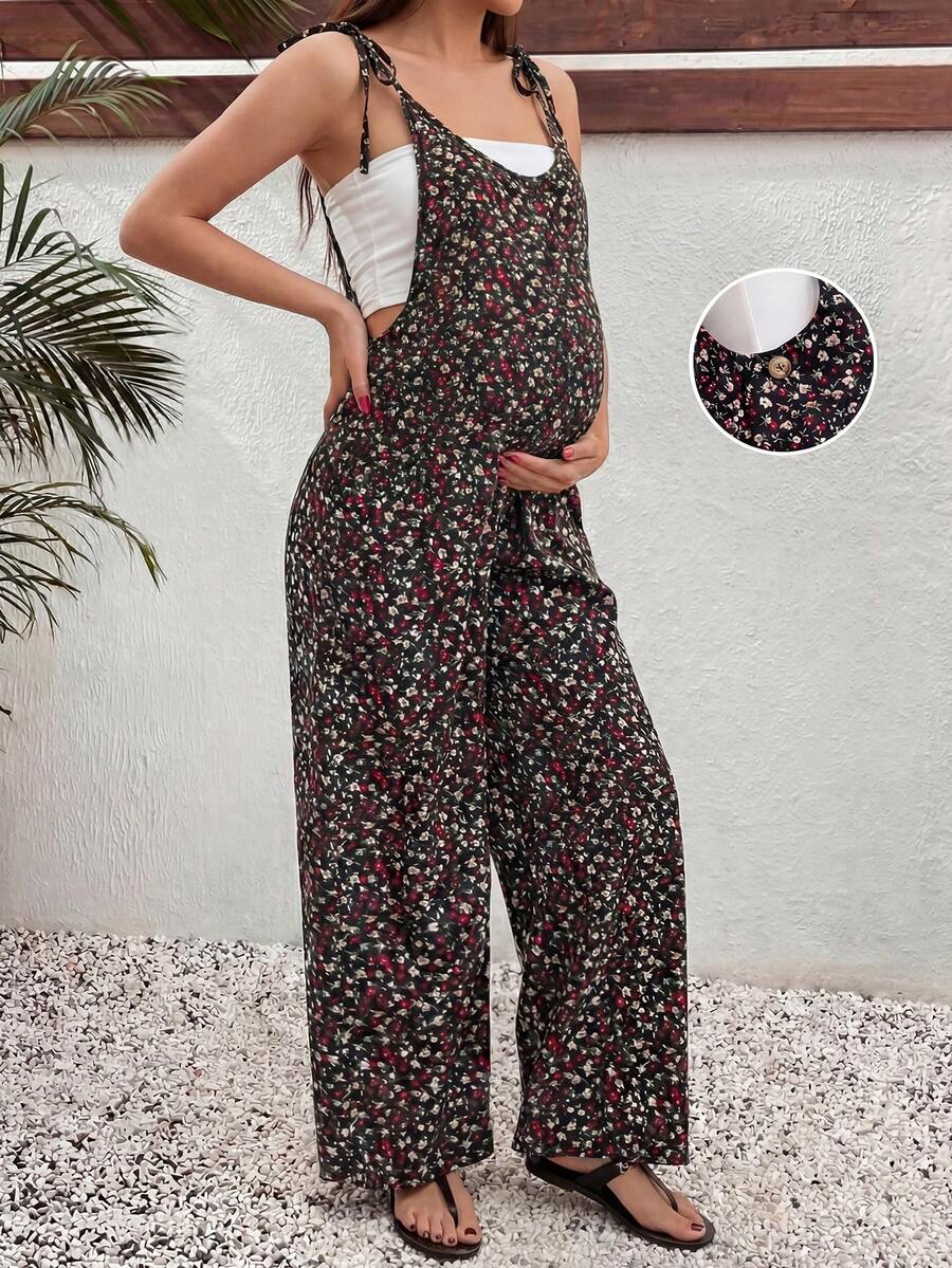 Adjustable Strap Ditsy Floral Maternity Jumpsuit - Black - View 1