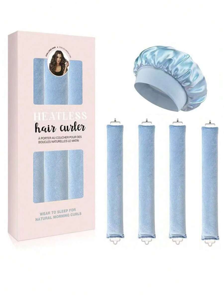 Bộ tạo kiểu tóc 4 món + Mũ ngủ, Máy uốn tóc không dùng nhiệt, Tiện lợi, Dụng cụ uốn tóc, Kẹp tóc, Dụng cụ tạo kiểu tóc khi ngủ, Máy uốn tóc bằng mút dành cho nữ - Màu xanh nhạt - Xem 1