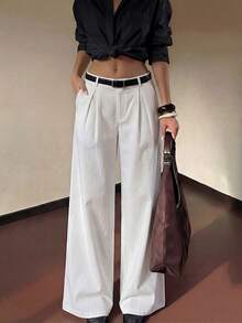 Women's Fashionable White Wide Leg Pants - High Waist Pleated Loose Design, Suitable For Valentine's Day, Carnival, Street Style And Office Wear - White - View 5