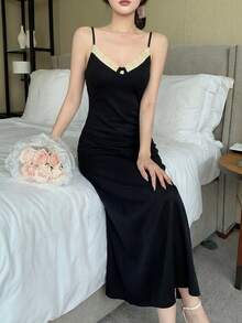 Y6Y 法式优雅风格黑色吊带收腰长裙，夏季新品 - 黑色 - 查看 3