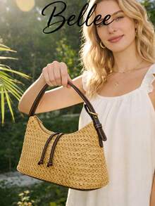 1pc New Solid Color Handbag For Women, Casual Beach Resort Woven Straw Bag, Suitable For Beach Vacation And Travel - Beige - View 2