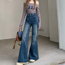 YEAE | Celana Jeans Flare, Celana Panjang Slim Fit Retro Korea Elastis untuk Wanita Kasual Musim Gugur - Dark Wash - View 7