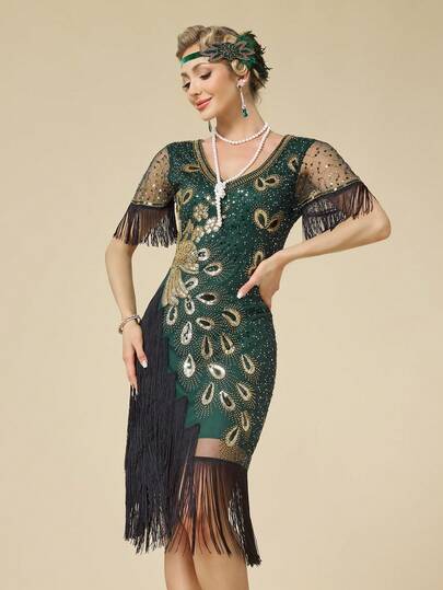 Đầm Flapper họa tiết chim công cổ điển thập niên 1920, đính sequin tua rua, kiểu Gatsby, trang phục thập niên 20 sôi động, thích hợp cho đám cưới và tiệc tùng.