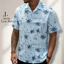 JL Men's Hawaiian Floral Beach Shirt, Short Sleeve, Button-Down, Spring And Summer - Floral 29-Azul - 查看 2