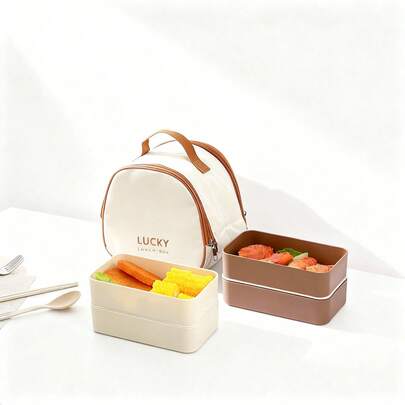 Portable Double-Layer Plastic Lunch Box With Cutlery & Insulation Bag & Sauce Box, Microwave Heatable Fruit Salad Food Container, Large Capacity Bento Box Set Suitable For Students & Adults Use In Home, School, Office,Outdoor Picnics,Back To School