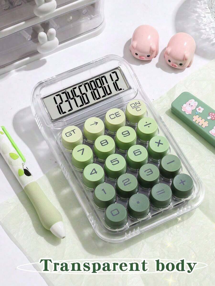 1 Pc Gradient Dopamine Calculator Round Mechanical Keyboard, 12-Digit Large Screen Suitable For Finance & Accounting Students Office Use, Ins Girly Design, High-End Color, Good Value (Random New/Old Version Shipping),School Supplies,Back To School - Màu xanh lá - Xem 1