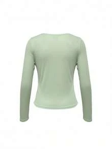 Women's V-Neck Long Sleeve T-Shirt, Versatile Sun Protection Layering Top, Spring/Summer - Green - View 10