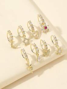 Bộ 8 khuyên mũi dáng dài hình bướm, trái tim, mặt trăng, hoa, thánh giá đính đá CZ, khuyên tai sụn mềm, trang sức xỏ khuyên mũi và cơ thể, trọng lượng 20G. - Vàng - Xem 2