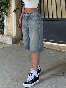 Y2K Retro Slant Pocket Fringe Hem Wide Leg Denim Bermuda Shorts, Casual Shorts Summer - Retro Blue - View 4