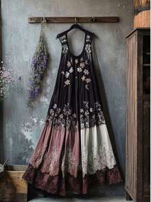 Women's Plus Size Boho Maxi Dress, Sleeveless V Neck Embroidered Patchwork Casual Dress (Multiple Patterns Available) - Black Purple - View 3