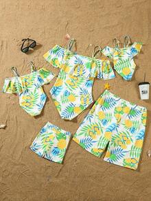 Family Matching Swimsuit Pineapple Print Ruffle Hem One Piece Bathing Suit For Women And Kids Girls Summer Beachwear Swim Trunks For Men And Boys Summer Vacation Swimwear For Whole Family - Phụ nữ - Xem 2
