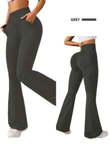 3-Pack Women's High Waisted Solid Black Gray Red Flared Leggings With Deep Side Pockets, Wide Leg Bell Bottom Yoga Pants For Gym, Running, Travel, Lounge, Everyday Casual Wear Sport Bottoms - 3 chiếc (đen, xám, đỏ) - Xem 10