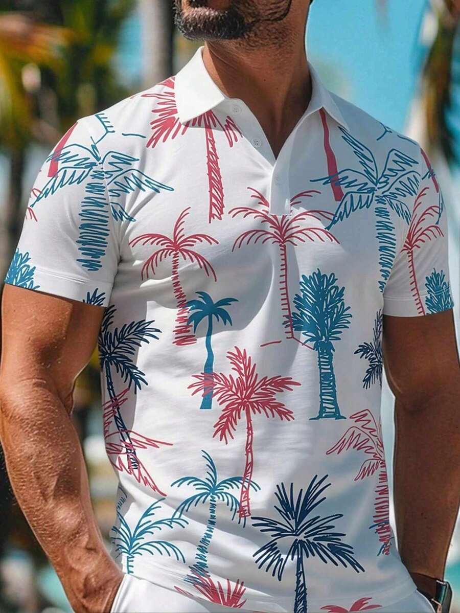 Men's Summer Palm Tree Digital Print Short Sleeve Polo Shirt - Multicolor - View 1