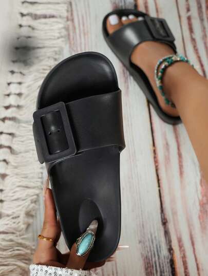 女士时尚拖鞋，适合度假、海滩、户外、通勤、居家穿着，百搭休闲单扣可调节凉鞋