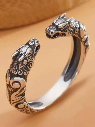 1 pièce Bague ouverte en forme de double tête de dragon féroce des 12 signes du zodiaque, à faible allergénicité, rétro, convient pour les cadeaux de fête, anneau unisexe pour couple (environ 4g)