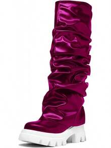 Women's Platform Round Toe Mid Calf Boots With Chunky Heel - Rose - View 12