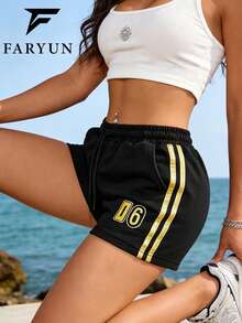 Women's Side Gold Stripe Contrast Color Digit 06 Print Outdoor Shorts, Comfortable Breathable Casual Style, Suitable For Beach Walks, Street Outings And Other Scenarios, Essential Summer Item For Retro Outdoor Look Sports - Black - View 4