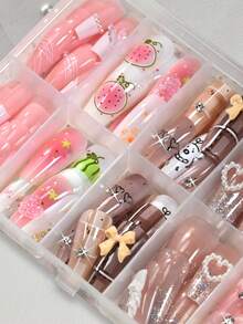 120片中号棺材形人造指甲贴片，饰有3D粉色和棕色蝴蝶结、水钻、蝴蝶图案，亚克力方形全覆盖芭蕾舞假指甲，适合女性，易于佩戴 - 彩色 - 查看 7