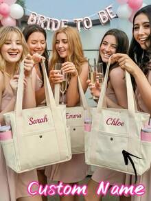 1 Túi vải canvas cotton thêu cá nhân hóa, có túi bên và túi phía trước, túi tote canvas tùy chỉnh, quà tặng tiệc độc thân - Nhiều màu - Xem 2