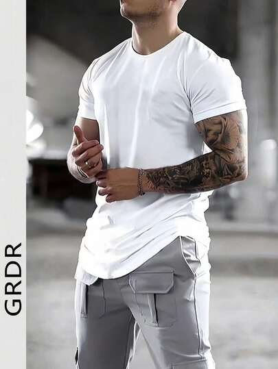 GRDR Men's Round Neck Simple Arc Hem Short Sleeve T-Shirt, Casual Commuting Versatile