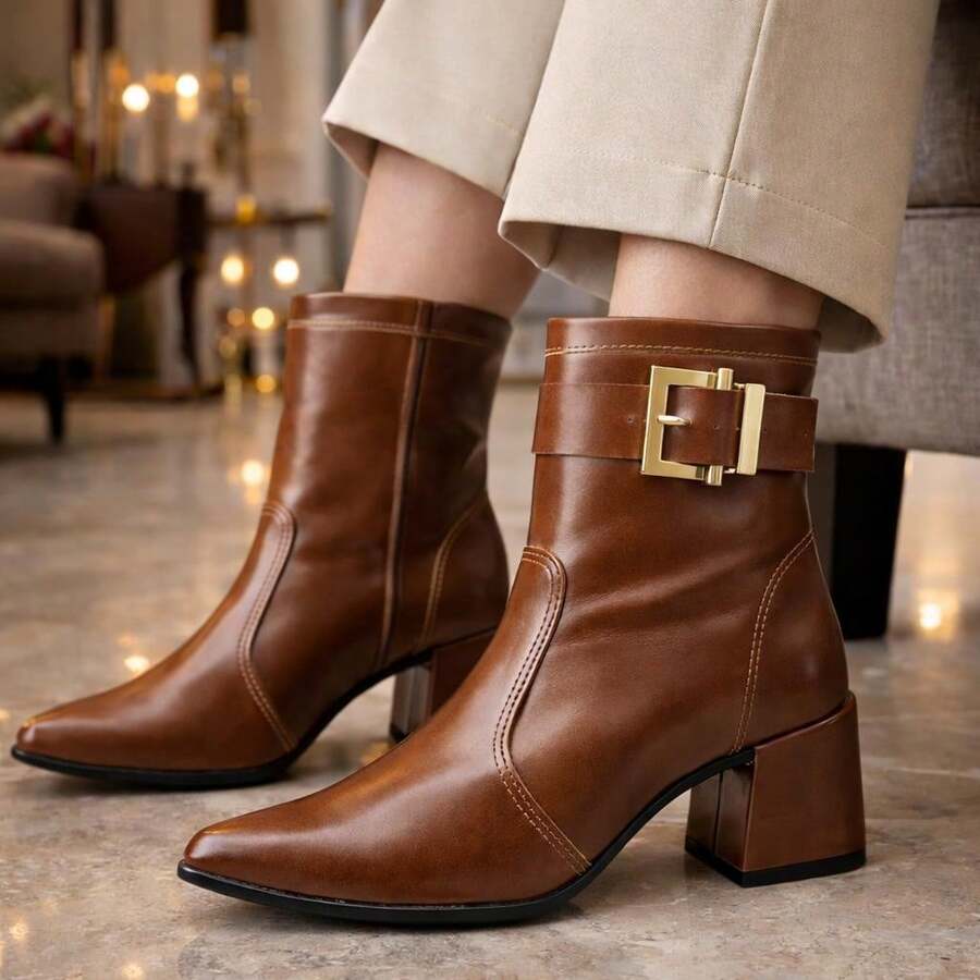 Women's Ankle Boot With Buckle, Medium Block Heel, Comfortable, Pointed Toe, Winter 2026, Formal/Casual - 駝色 - 查看 1