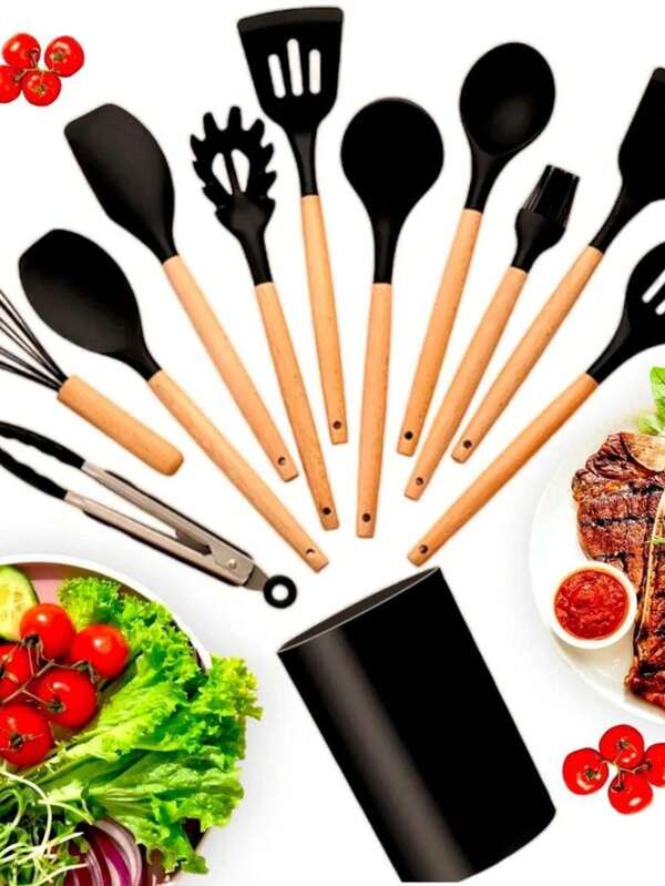 Kit Utensílios De Cozinha 11 Peças Silicone Cabo de Madeira De Bambu Antiaderente Colher Espátula Concha fouet Resistente