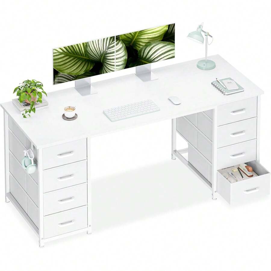 Black 55 Inches Computer Desk With 8 Fabric Drawers, Modern Office Desk With Large Storage For Home Office, Study - Black - View 1