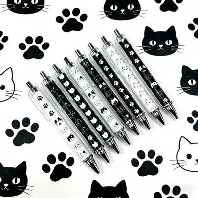 7支装黑白猫咪主题圆珠笔，1.0mm细笔尖，书写流畅，适合学生、教室、办公用品（猫咪）