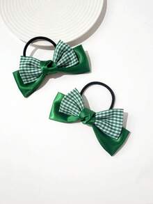 2pcs Fashionable Versatile Delicate Princess Style Hair Accessories/Hair Ties, Double-Layer Glossy Bow Design Hair Ties, Essential For Daily Hairstyles And Braiding - Green - View 4
