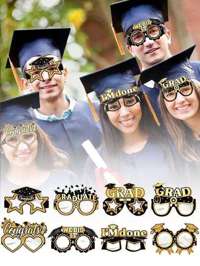 8pcs Graduation Theme Photo Props Glasses, Paper Glasses Frames For Graduation Party, Black & Gold Graduation Photo Booth Props, 2026 Graduation Party Decorations, Funny Glasses For Graduation Ceremony