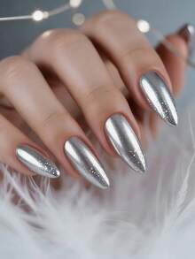 Móng giả dán nhũ bạc, hình dáng hạnh nhân cỡ trung bình, phủ toàn bộ móng, làm từ acrylic, có họa tiết, móng dán nhũ lấp lánh, móng bóng, thích hợp cho nữ và bé gái, 24 chiếc. - Nhiều màu - Xem 1